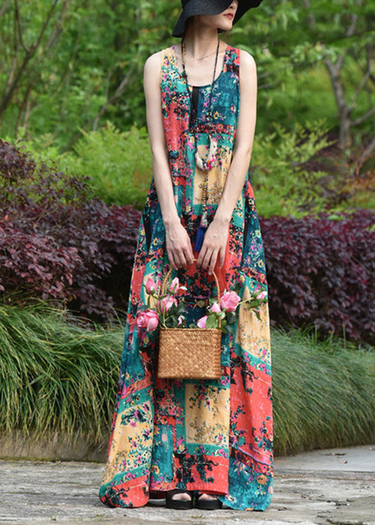 Women Abstract Print Short Sleeve Vintage Maxi Dress LC0053 - fabuloryshop