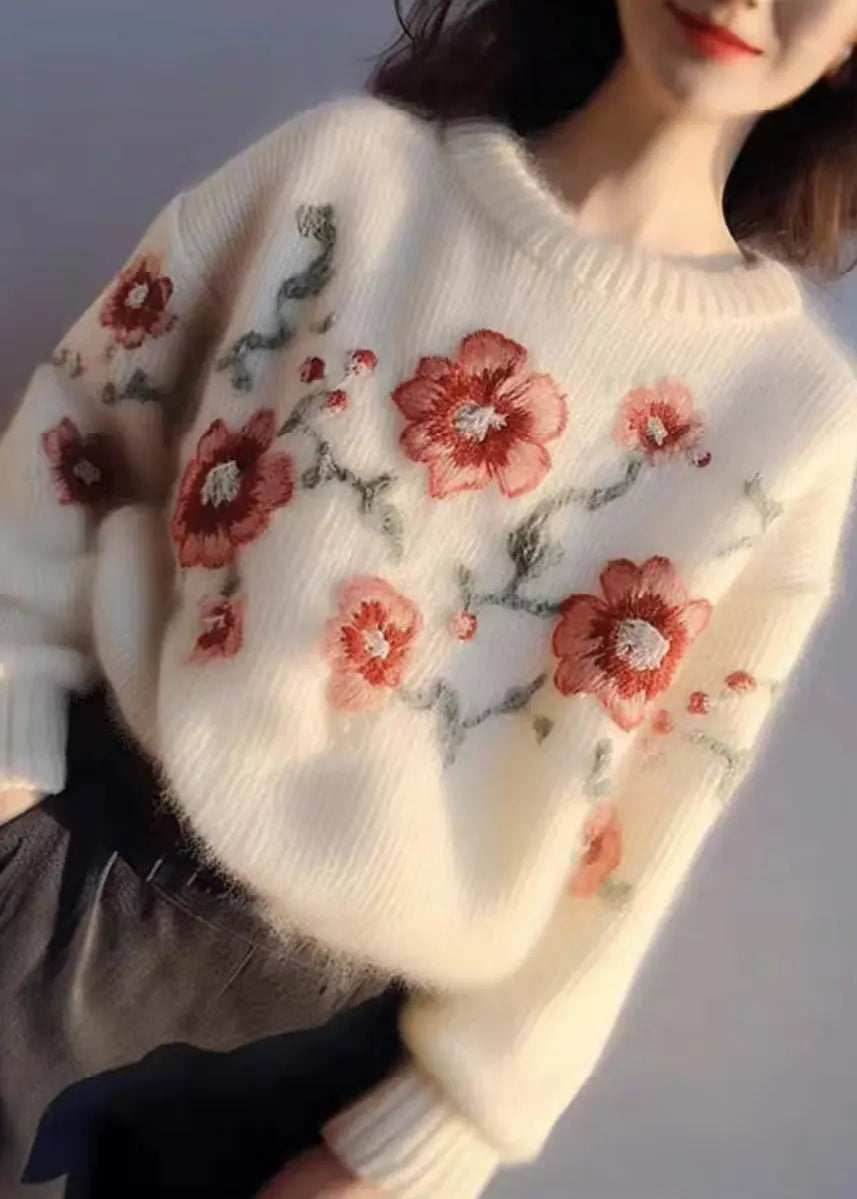 Women Apricot Embroideried  Cozy Cotton Knit Sweater Winter Ada Fashion