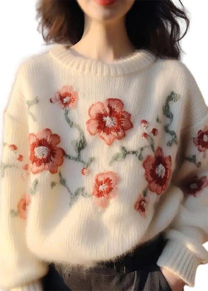 Women Apricot Embroideried  Cozy Cotton Knit Sweater Winter Ada Fashion