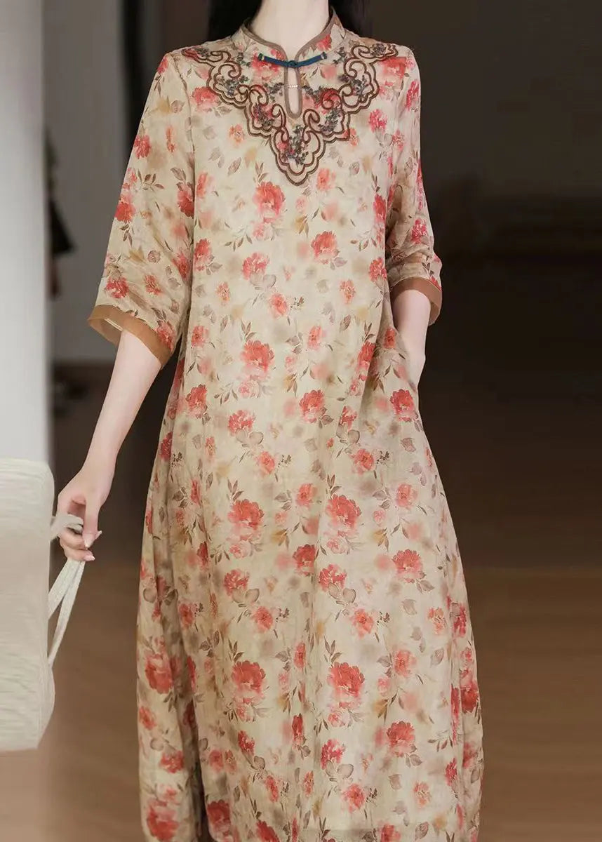 Women Apricot Embroideried Print Patchwork Linen Dresses Half Sleeve Ada Fashion