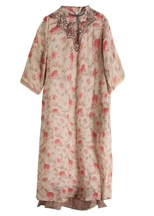 Women Apricot Embroideried Print Patchwork Linen Dresses Half Sleeve Ada Fashion