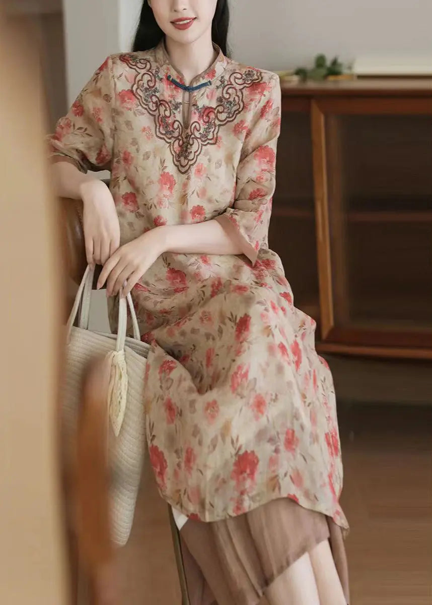 Women Apricot Embroideried Print Patchwork Linen Dresses Half Sleeve Ada Fashion