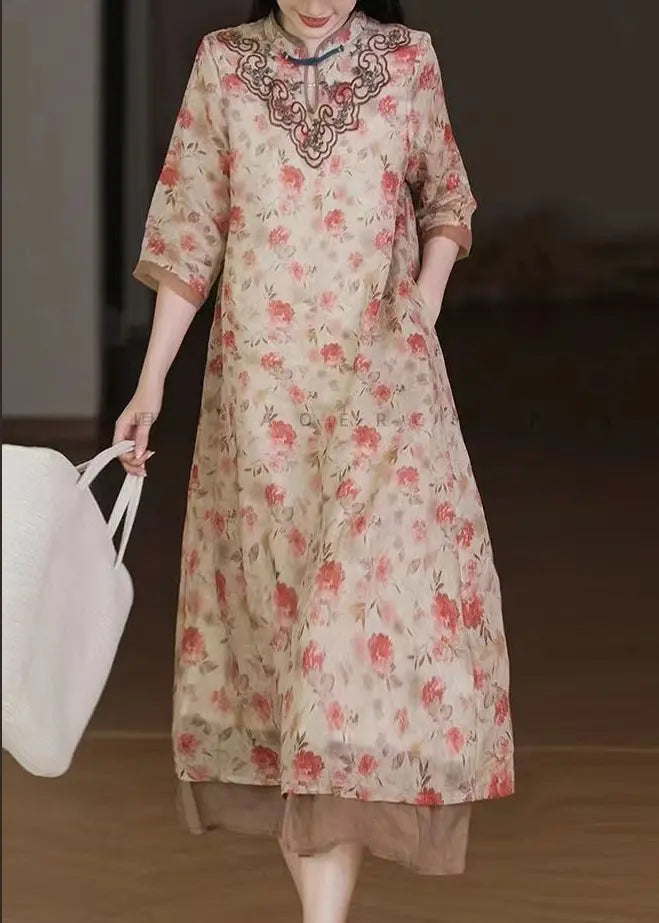 Women Apricot Embroideried Print Patchwork Linen Dresses Half Sleeve Ada Fashion