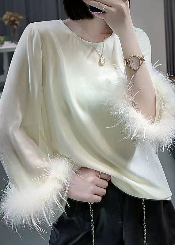 Women Apricot O Neck Patchwork Silk Velour Tops Long Sleeve Ada Fashion