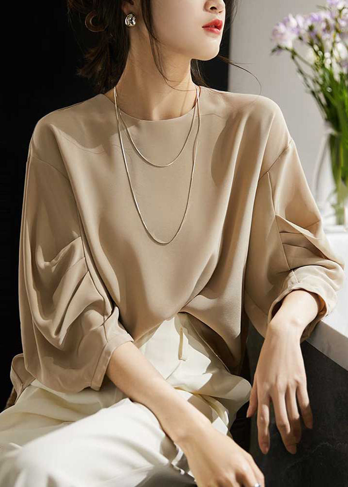 Women Apricot O-Neck Wrinkled Chiffon Top Long Sleeve Ada Fashion