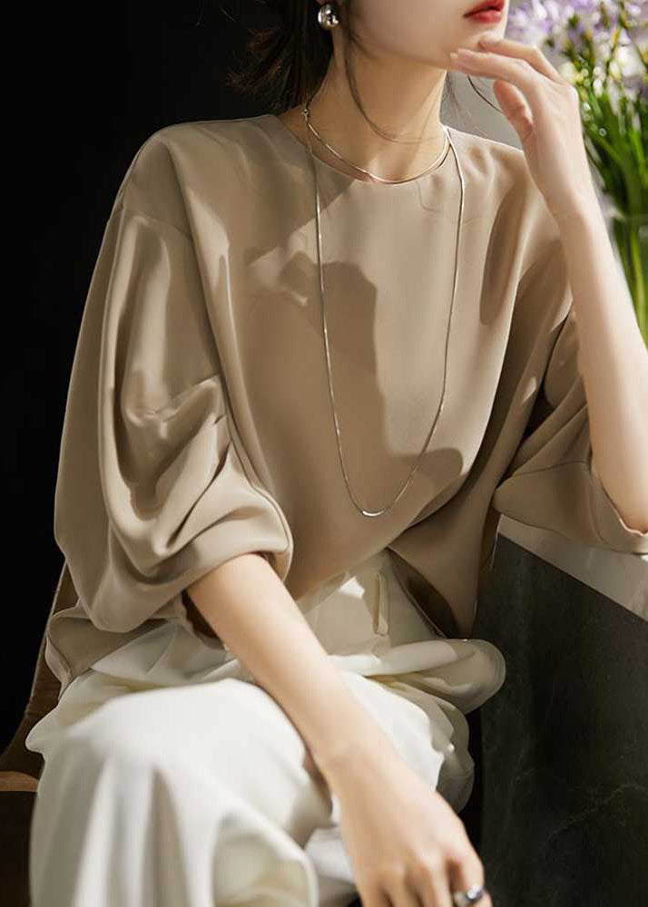 Women Apricot O-Neck Wrinkled Chiffon Top Long Sleeve Ada Fashion