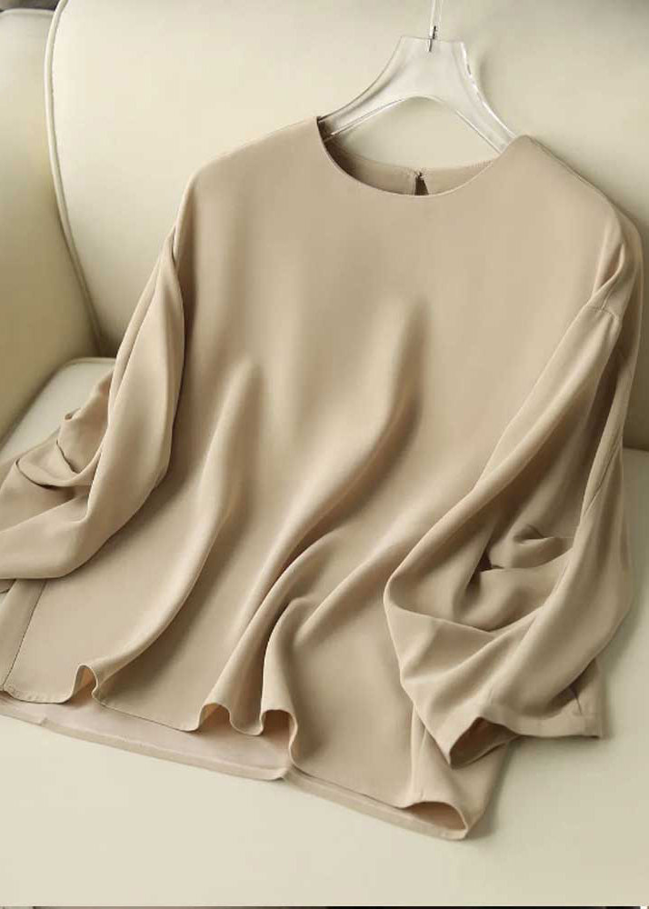 Women Apricot O-Neck Wrinkled Chiffon Top Long Sleeve Ada Fashion