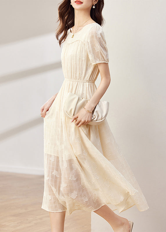 Women Apricot O-Neck Wrinkled Patchwork Chiffon Dress Summer Ada Fashion