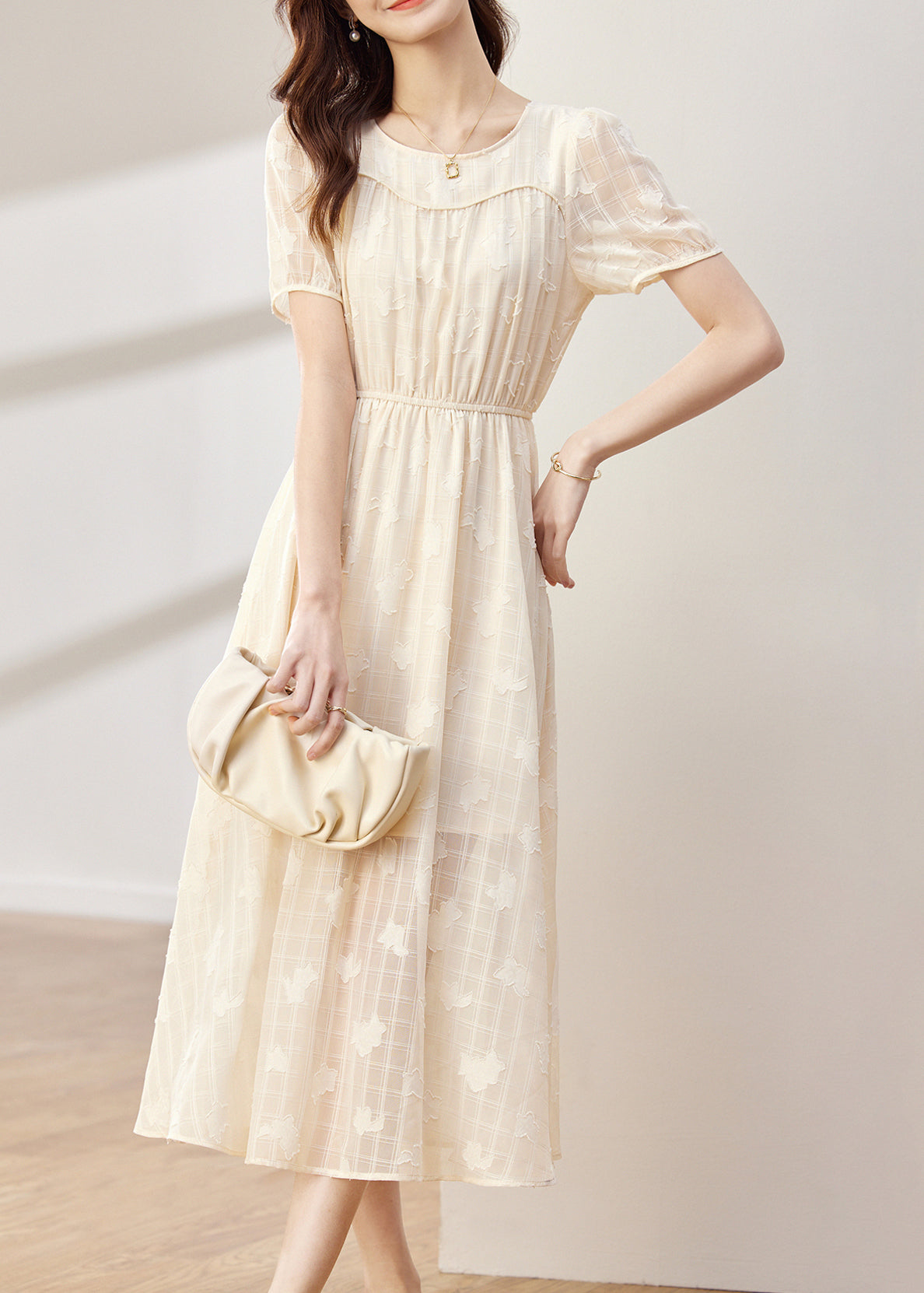 Women Apricot O-Neck Wrinkled Patchwork Chiffon Dress Summer Ada Fashion