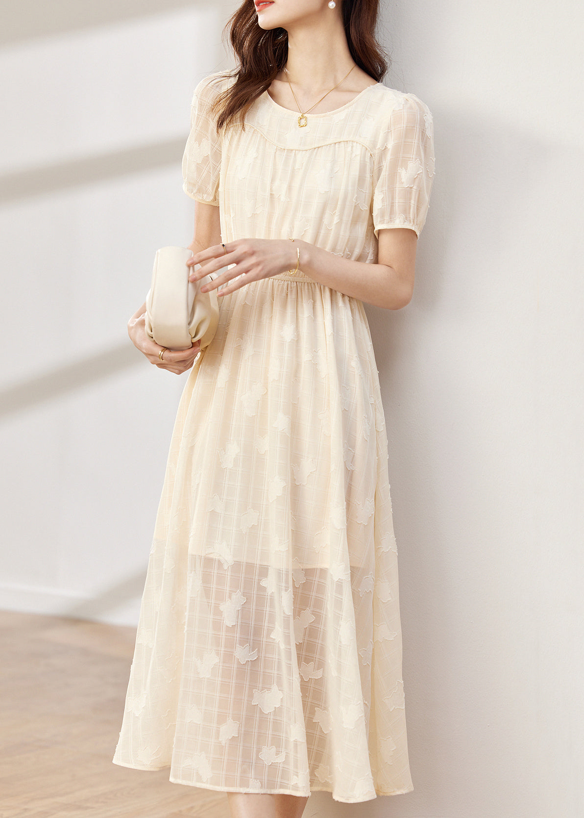 Women Apricot O-Neck Wrinkled Patchwork Chiffon Dress Summer Ada Fashion