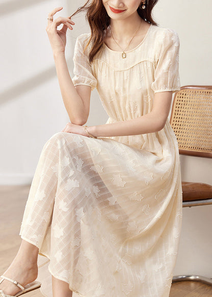 Women Apricot O-Neck Wrinkled Patchwork Chiffon Dress Summer Ada Fashion