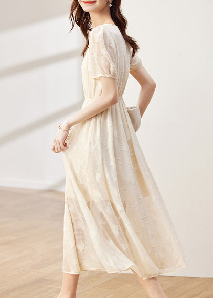 Women Apricot O-Neck Wrinkled Patchwork Chiffon Dress Summer Ada Fashion