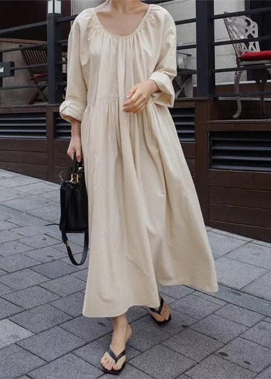 Women Apricot O Neck Wrinkled Patchwork Cotton Dresses Spring LY2068 - fabuloryshop