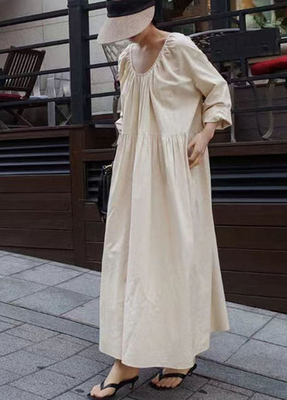 Women Apricot O Neck Wrinkled Patchwork Cotton Dresses Spring LY2068 - fabuloryshop