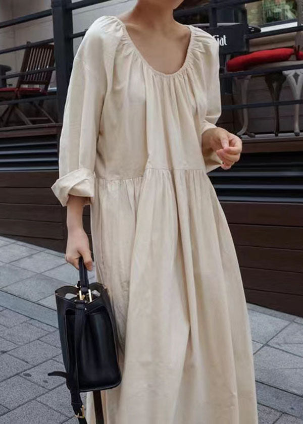 Women Apricot O Neck Wrinkled Patchwork Cotton Dresses Spring LY2068 - fabuloryshop