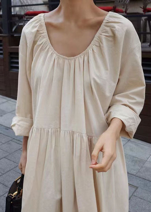 Women Apricot O Neck Wrinkled Patchwork Cotton Dresses Spring LY2068 - fabuloryshop