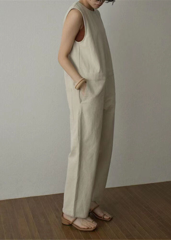 Women Apricot Pockets Patchwork Cotton Wide Leg Jumpsuits Sleeveless LY2136 - fabuloryshop