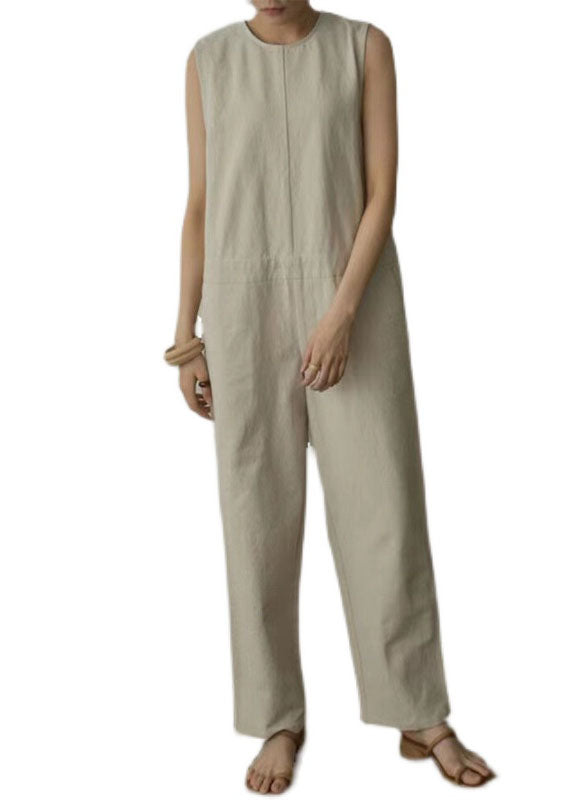 Women Apricot Pockets Patchwork Cotton Wide Leg Jumpsuits Sleeveless LY2136