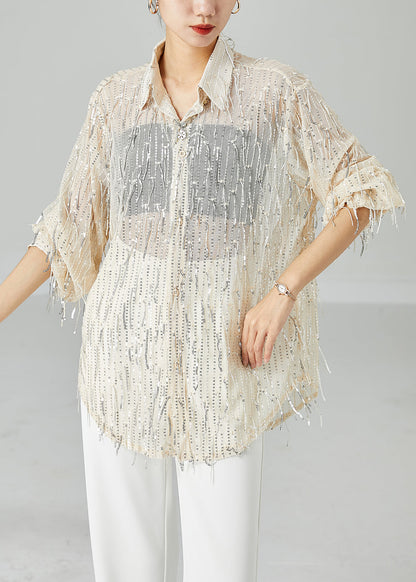 Women Apricot Sequins Tassel Tulle UPF 50+ Shirt Top Summer LY2419 - fabuloryshop