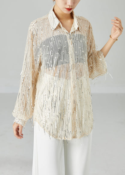 Women Apricot Sequins Tassel Tulle UPF 50+ Shirt Top Summer LY2419 - fabuloryshop