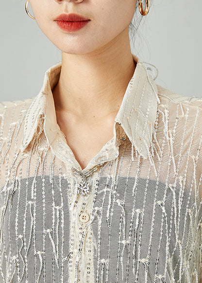 Women Apricot Sequins Tassel Tulle UPF 50+ Shirt Top Summer LY2419 - fabuloryshop