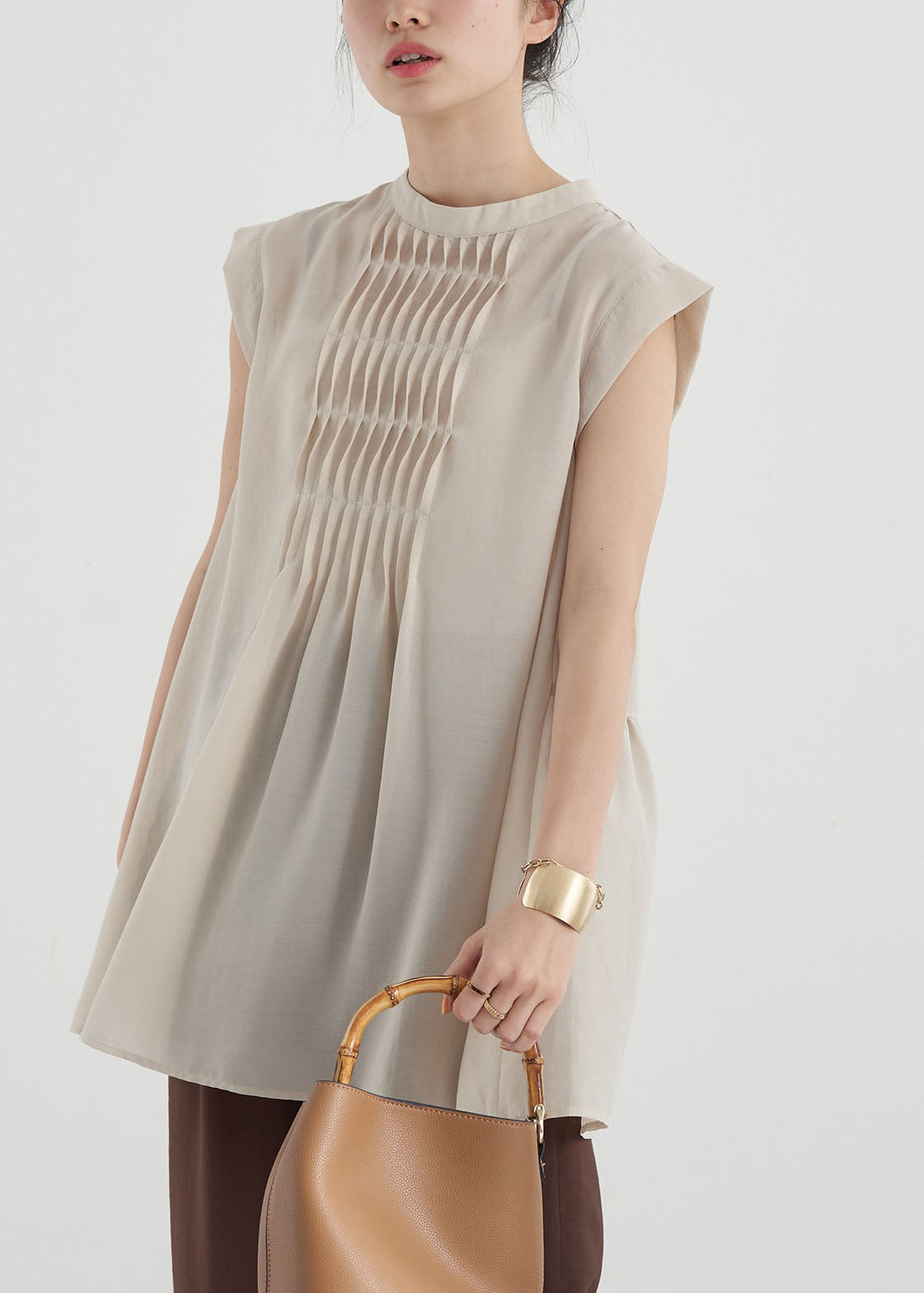 Women Apricot Slim Fit Pleated Cotton Long Shirt Sleeveless LY1324 - fabuloryshop