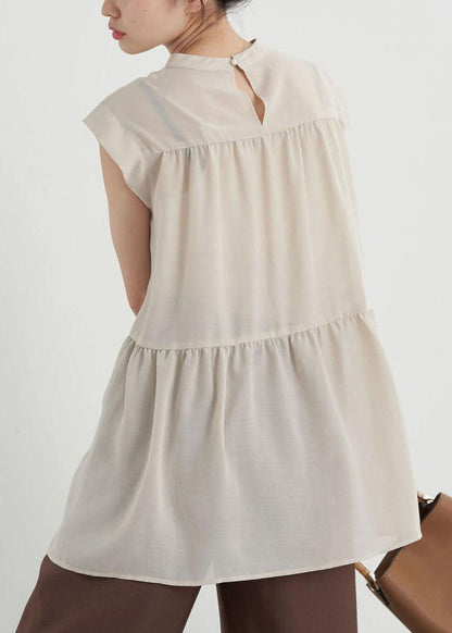 Women Apricot Slim Fit Pleated Cotton Long Shirt Sleeveless LY1324 - fabuloryshop