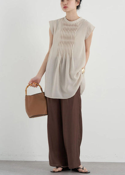 Women Apricot Slim Fit Pleated Cotton Long Shirt Sleeveless LY1324 - fabuloryshop