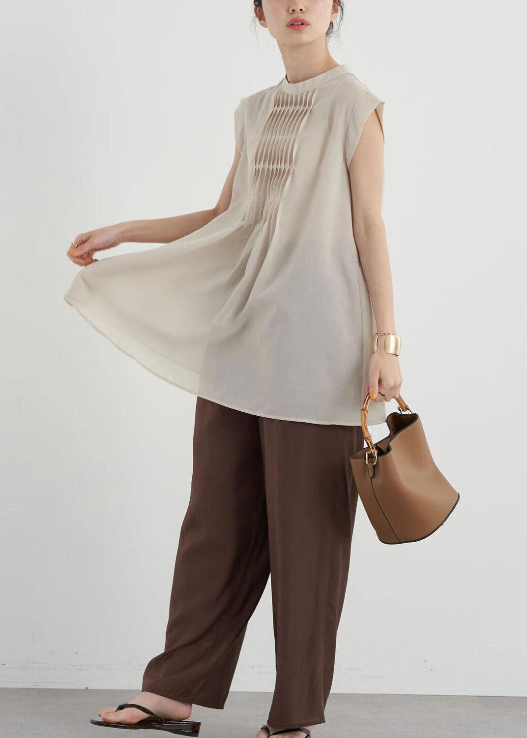 Women Apricot Slim Fit Pleated Cotton Long Shirt Sleeveless LY1324 - fabuloryshop