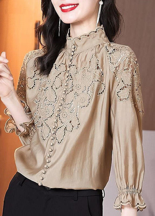 Women Apricot Stand Collar Embroideried Patchwork Cotton Top Spring LY1402 - fabuloryshop