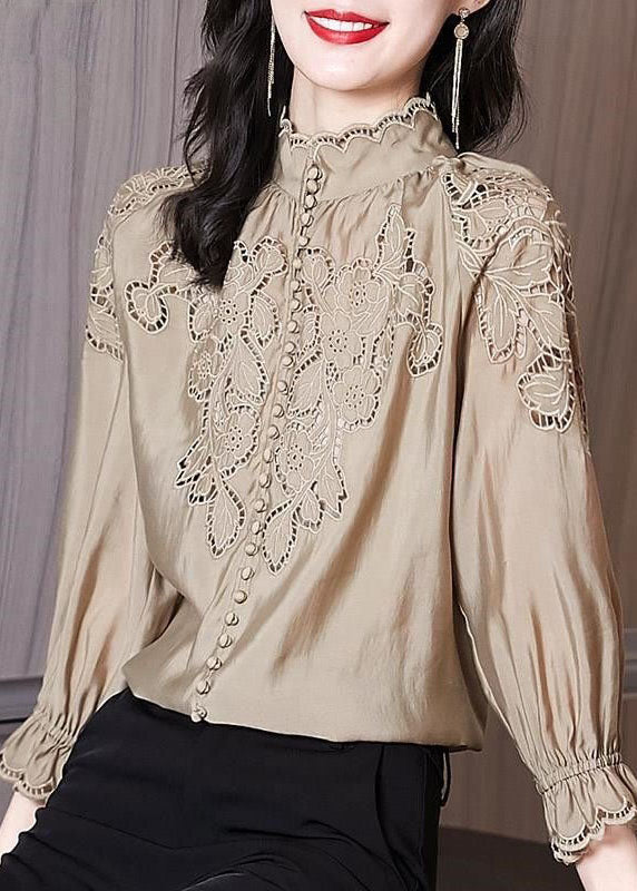 Women Apricot Stand Collar Embroideried Patchwork Cotton Top Spring LY1402 - fabuloryshop