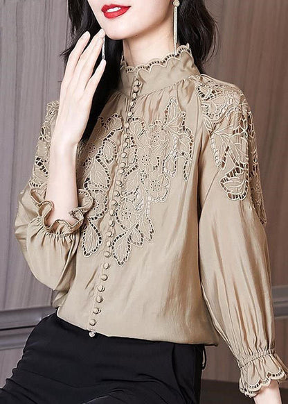 Women Apricot Stand Collar Embroideried Patchwork Cotton Top Spring LY1402 - fabuloryshop