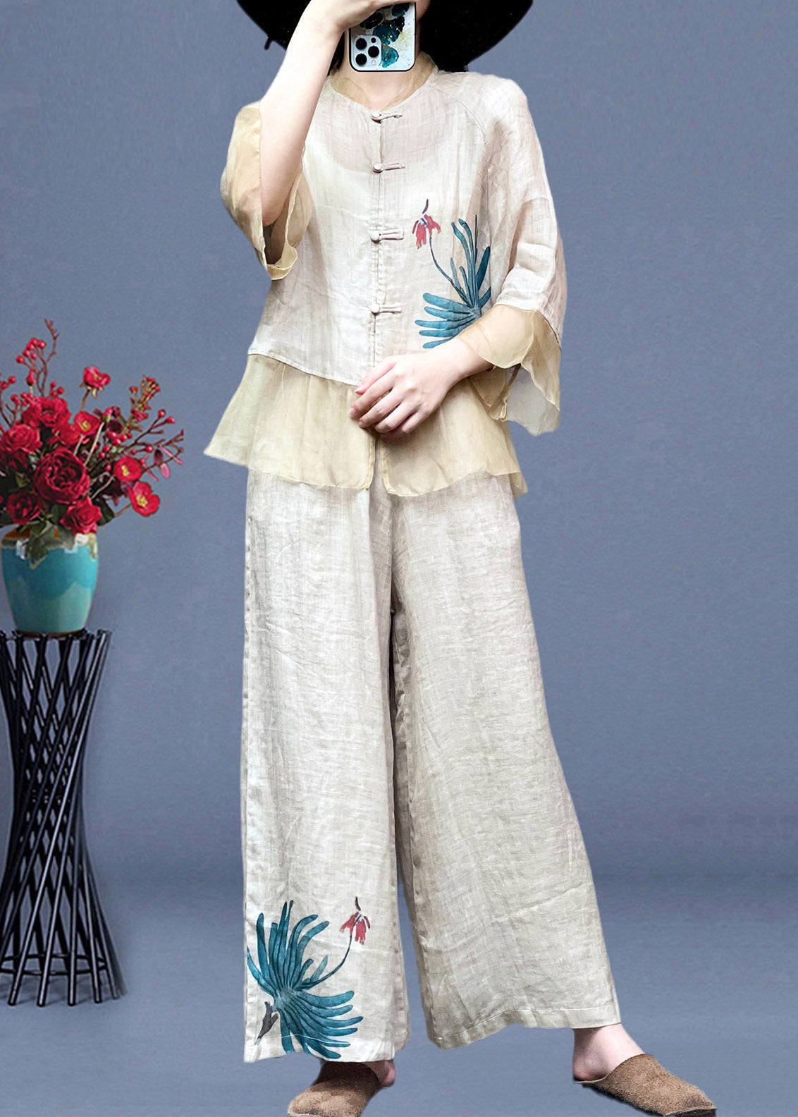 Women Apricot Stand Collar Tulle Patchwork Linen Shirts And Wide Leg Pants Two Pieces Set Long Sleeve TI1023 - fabuloryshop