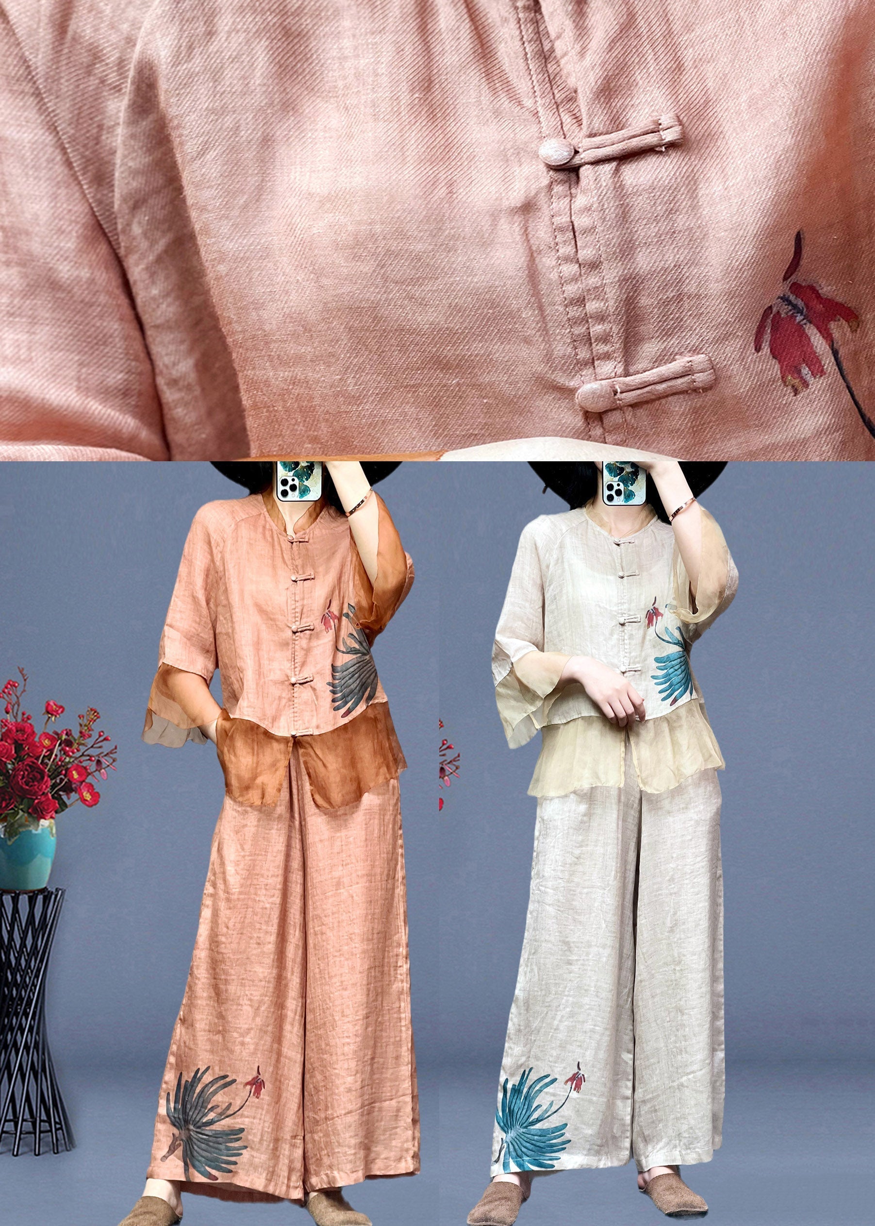 Women Apricot Stand Collar Tulle Patchwork Linen Shirts And Wide Leg Pants Two Pieces Set Long Sleeve TI1023 - fabuloryshop