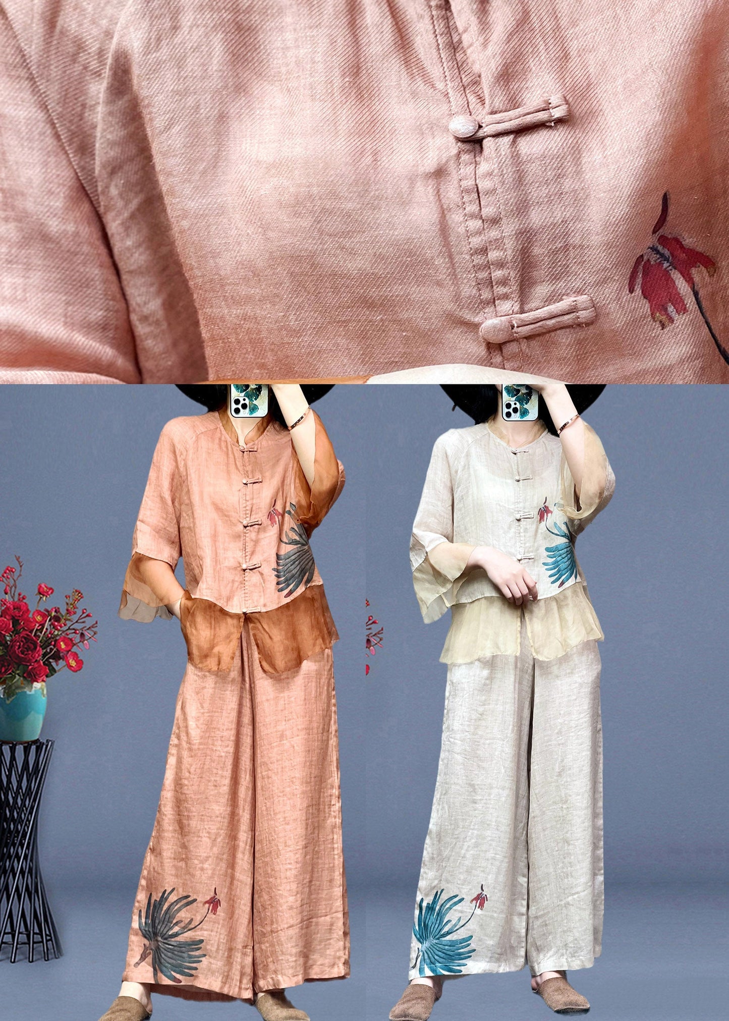 Women Apricot Stand Collar Tulle Patchwork Linen Shirts And Wide Leg Pants Two Pieces Set Long Sleeve LY4533 - fabuloryshop