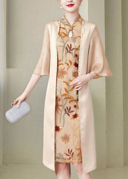 Women Apricot Stand Collar Zircon Silk Bodycon Dress Butterfly Sleeve LY2239 - fabuloryshop