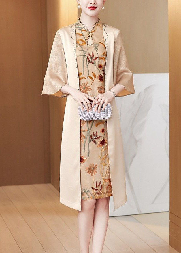 Women Apricot Stand Collar Zircon Silk Bodycon Dress Butterfly Sleeve LY2239 - fabuloryshop