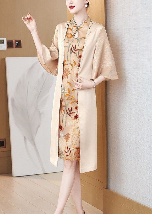 Women Apricot Stand Collar Zircon Silk Bodycon Dress Butterfly Sleeve LY2239 - fabuloryshop