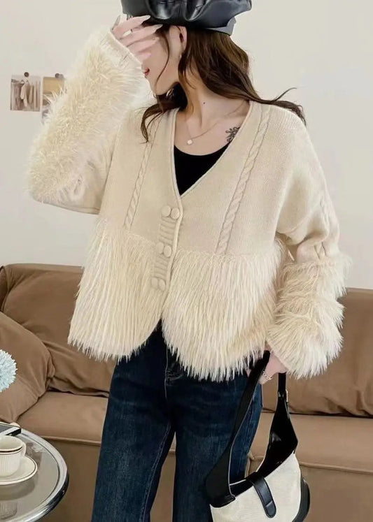 Women Apricot V Neck Patchwork Mink Hair Knitted Cardigan Fall Ada Fashion