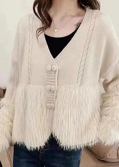 Women Apricot V Neck Patchwork Mink Hair Knitted Cardigan Fall Ada Fashion