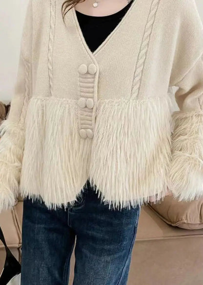 Women Apricot V Neck Patchwork Mink Hair Knitted Cardigan Fall Ada Fashion