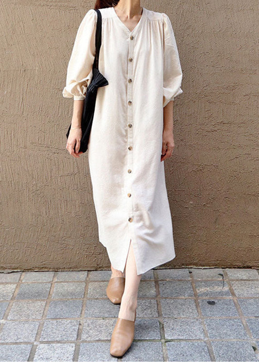 Women Apricot V Neck Wrinkled Patchwork Cotton Dresses Lantern Sleeve LY1335 - fabuloryshop