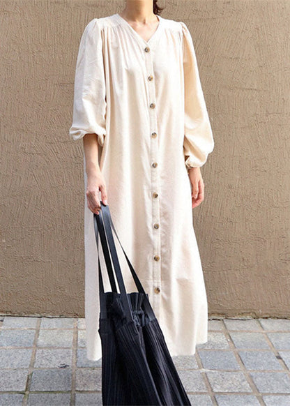 Women Apricot V Neck Wrinkled Patchwork Cotton Dresses Lantern Sleeve LY1335 - fabuloryshop