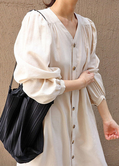 Women Apricot V Neck Wrinkled Patchwork Cotton Dresses Lantern Sleeve LY1335 - fabuloryshop