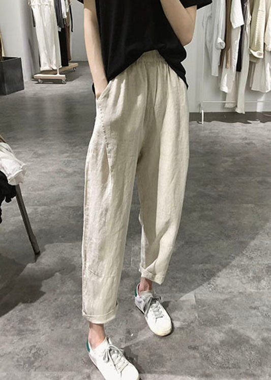 Women Apricot Wrinkled Pockets Elastic Waist Linen Crop Pants Summer LY2149 - fabuloryshop