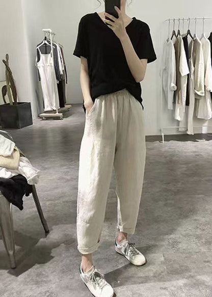 Women Apricot Wrinkled Pockets Elastic Waist Linen Crop Pants Summer LY2149 - fabuloryshop