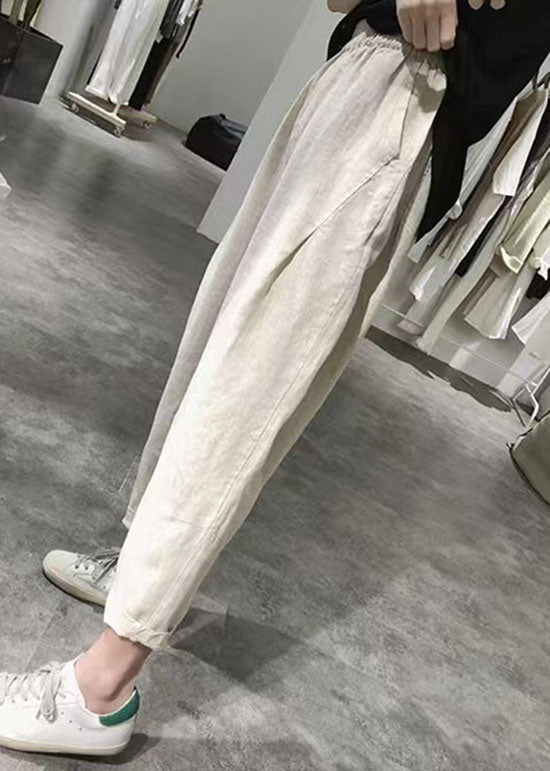 Women Apricot Wrinkled Pockets Elastic Waist Linen Crop Pants Summer LY2149 - fabuloryshop