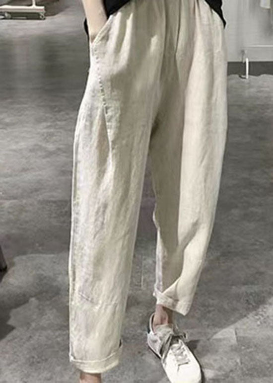 Women Apricot Wrinkled Pockets Elastic Waist Linen Crop Pants Summer LY2149