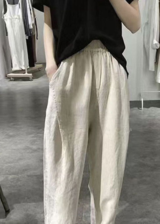 Women Apricot Wrinkled Pockets Elastic Waist Linen Crop Pants Summer LY2149