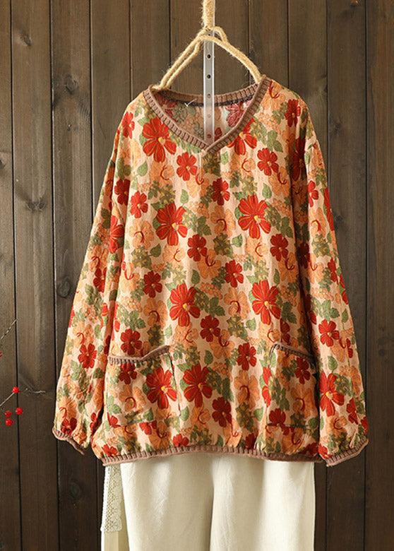 Women Apricot Yellow V Neck Print Knirt Patchwork T Shirt Long Sleeve LY2937 - fabuloryshop